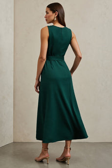 Dark Green A Line Satin Round Neck Maxi Work Dress with Belt