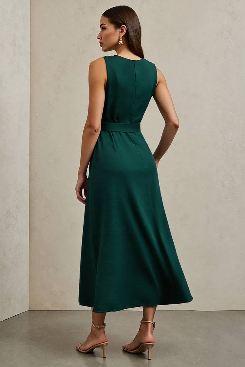 Load image into Gallery viewer, Dark Green A Line Satin Round Neck Maxi Work Dress with Belt