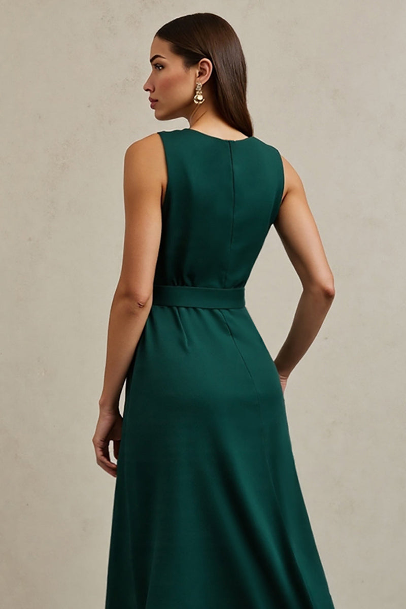 Load image into Gallery viewer, Dark Green A Line Satin Round Neck Maxi Work Dress with Belt