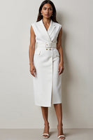 Load image into Gallery viewer, White Pencil Notched Lapel Midi Work Blazer Dress with Belt