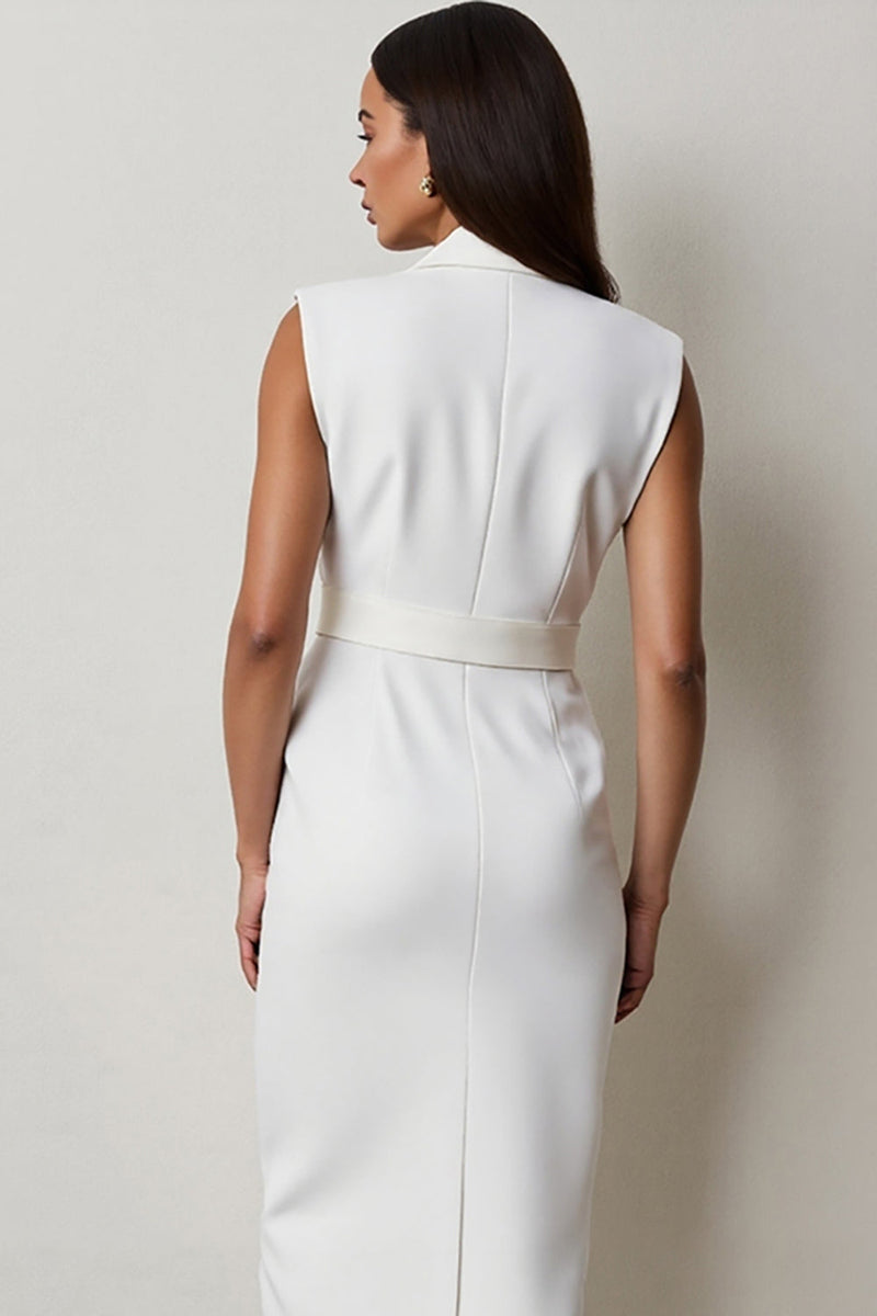 Load image into Gallery viewer, White Pencil Notched Lapel Midi Work Blazer Dress with Belt