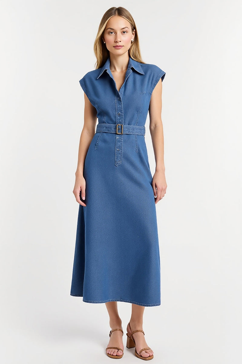 Load image into Gallery viewer, Grey Blue Collar Cap Sleeves Maxi Work Dress with Belt