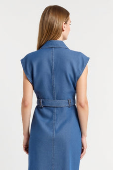 Grey Blue Collar Cap Sleeves Maxi Work Dress with Belt