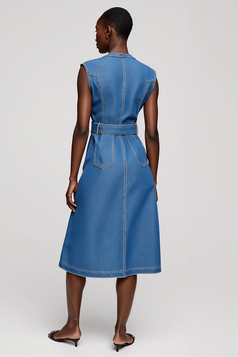 Load image into Gallery viewer, Grey Blue Single Breasted Midi A Line Work Dress with Belt