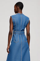 Load image into Gallery viewer, Grey Blue Single Breasted Midi A Line Work Dress with Belt