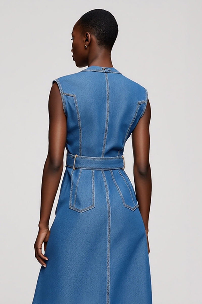 Load image into Gallery viewer, Grey Blue Single Breasted Midi A Line Work Dress with Belt