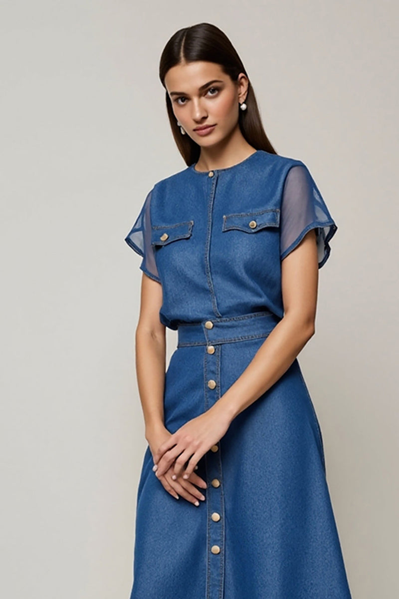 Load image into Gallery viewer, Grey Blue A Line Round Neck Midi Work Dress with Short Sleeves