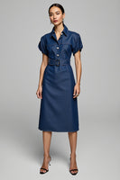 Load image into Gallery viewer, Blue Pencil Collar Midi Denim Work Dress with Belt