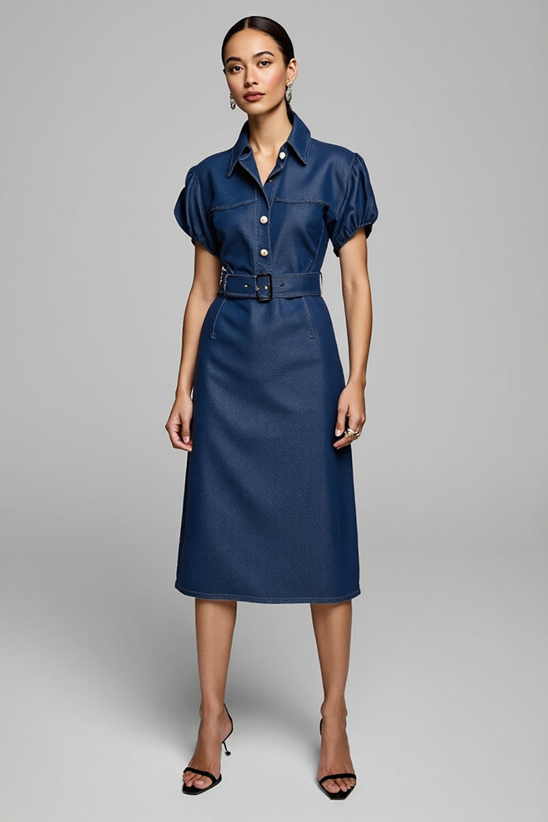 Load image into Gallery viewer, Blue Pencil Collar Midi Denim Work Dress with Belt