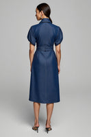Load image into Gallery viewer, Blue Pencil Collar Midi Denim Work Dress with Belt