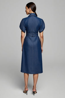 Blue Pencil Collar Midi Denim Work Dress with Belt