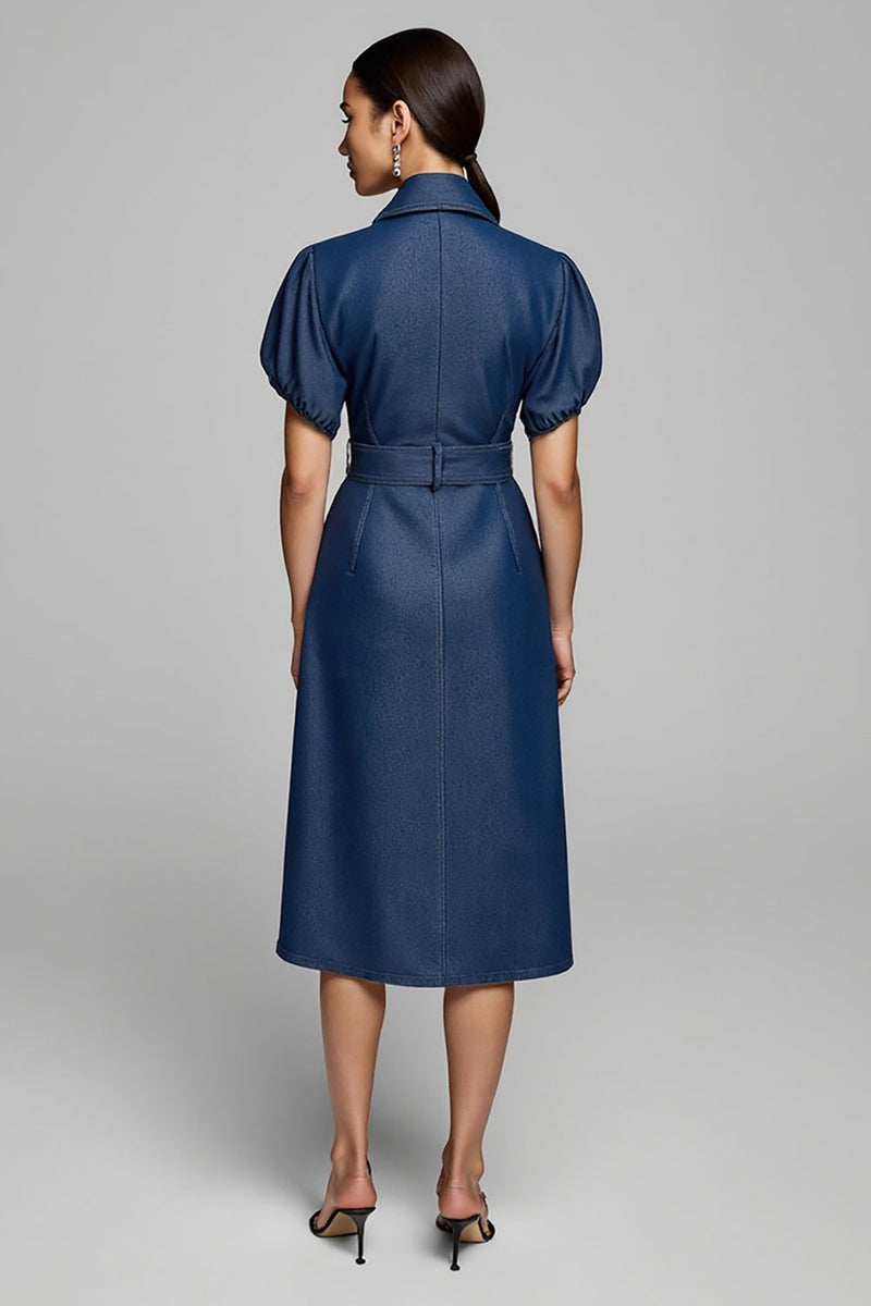 Load image into Gallery viewer, Blue Pencil Collar Midi Denim Work Dress with Belt