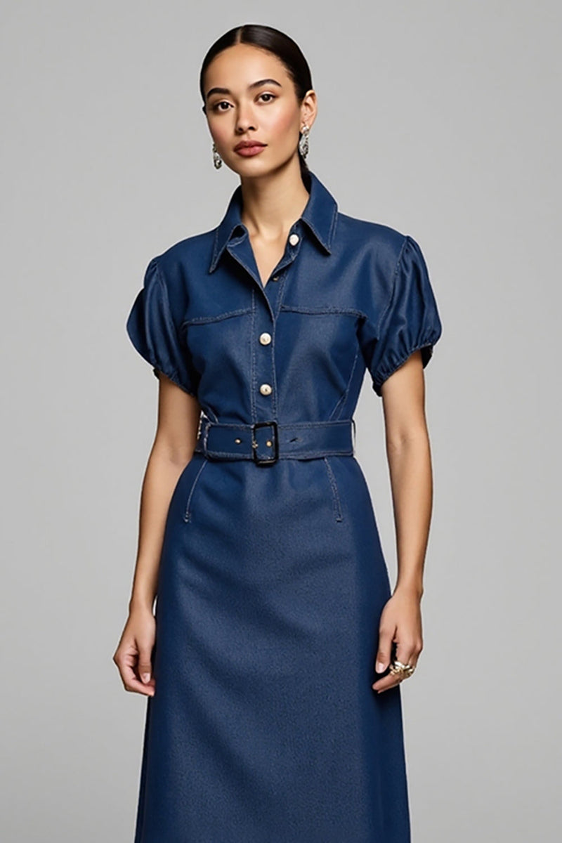 Load image into Gallery viewer, Blue Pencil Collar Midi Denim Work Dress with Belt