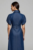 Load image into Gallery viewer, Blue Pencil Collar Midi Denim Work Dress with Belt