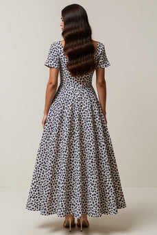 White and Blue Leopard Printed A Line Maxi Work Dress with Sleeves