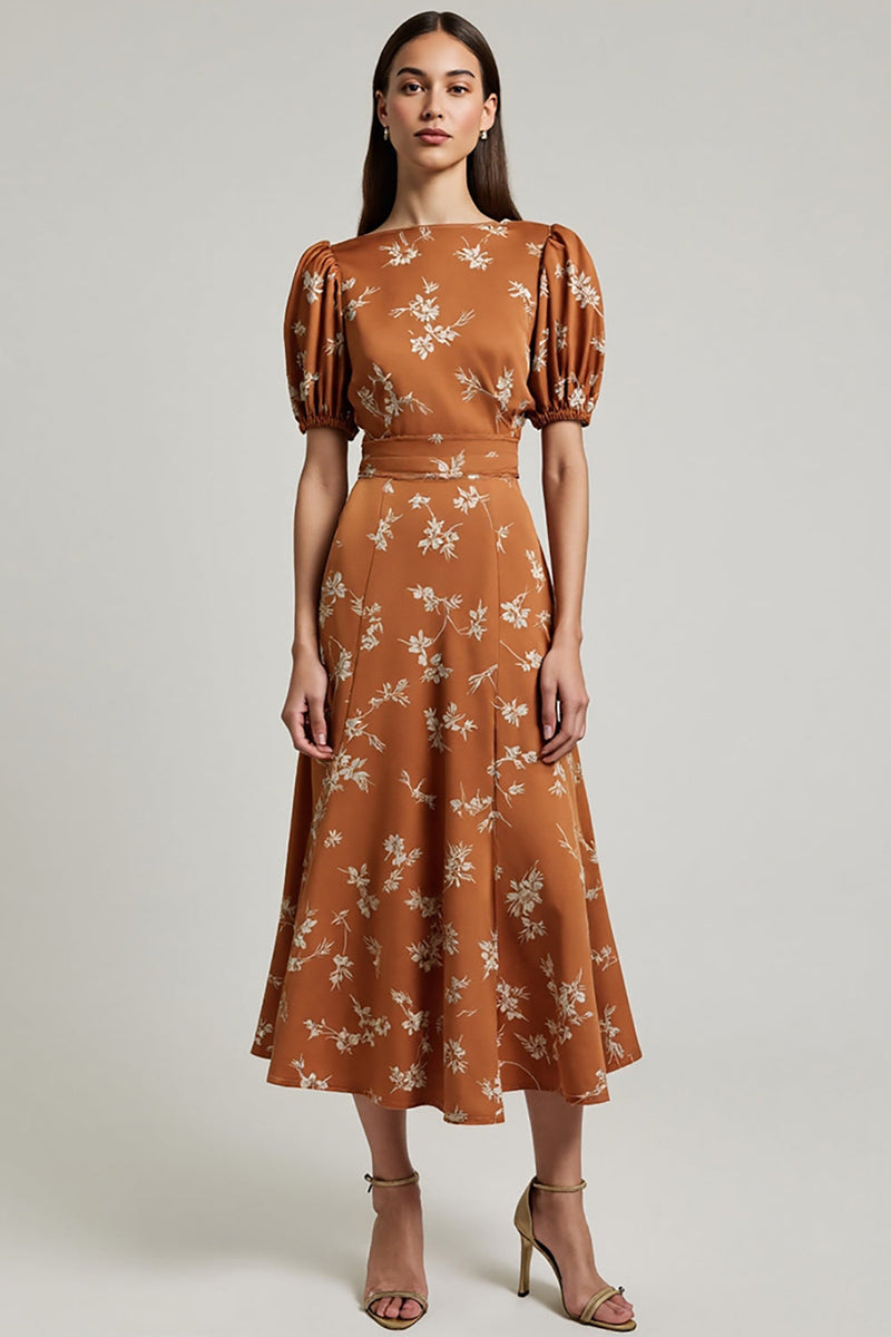Load image into Gallery viewer, Floral Orange Printed A Line Satin Maxi Work Dress with Sleeves