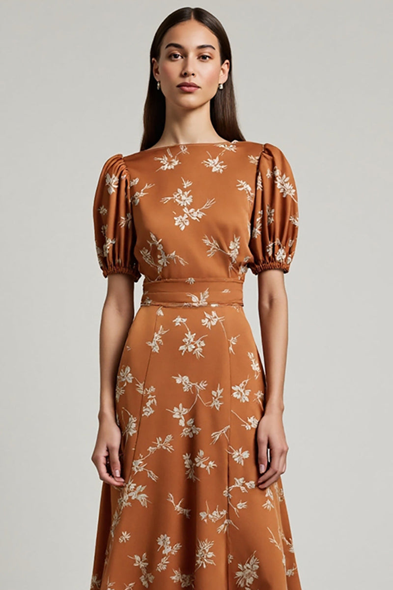 Load image into Gallery viewer, Floral Orange Printed A Line Satin Maxi Work Dress with Sleeves