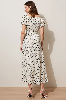Black and White A Line Polka Dots Maxi Work Dress with Short Sleeves
