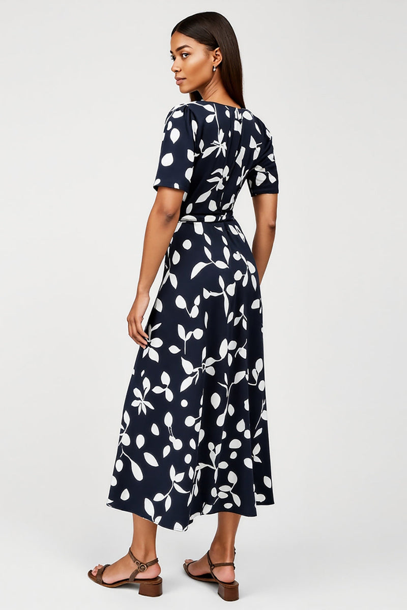 Load image into Gallery viewer, Navy A Line Boat Neck Short Sleeves Printed Maxi Work Dress