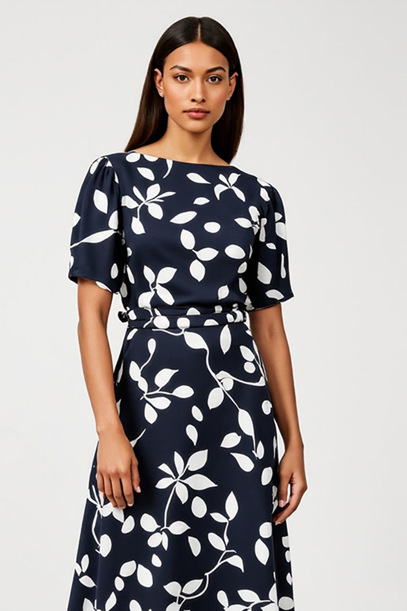 Load image into Gallery viewer, Navy A Line Boat Neck Short Sleeves Printed Maxi Work Dress