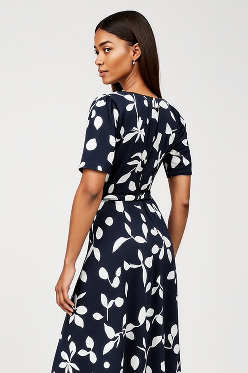 Load image into Gallery viewer, Navy A Line Boat Neck Short Sleeves Printed Maxi Work Dress