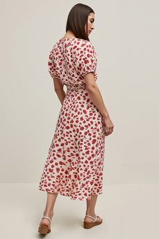 Red Leopard Printed A Line Maxi Work Dress with Short Sleeves