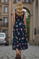 Load image into Gallery viewer, Floral Dark Blue Printed V-Neck A Line Maxi Work Dress