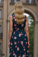 Load image into Gallery viewer, Floral Dark Blue Printed V-Neck A Line Maxi Work Dress