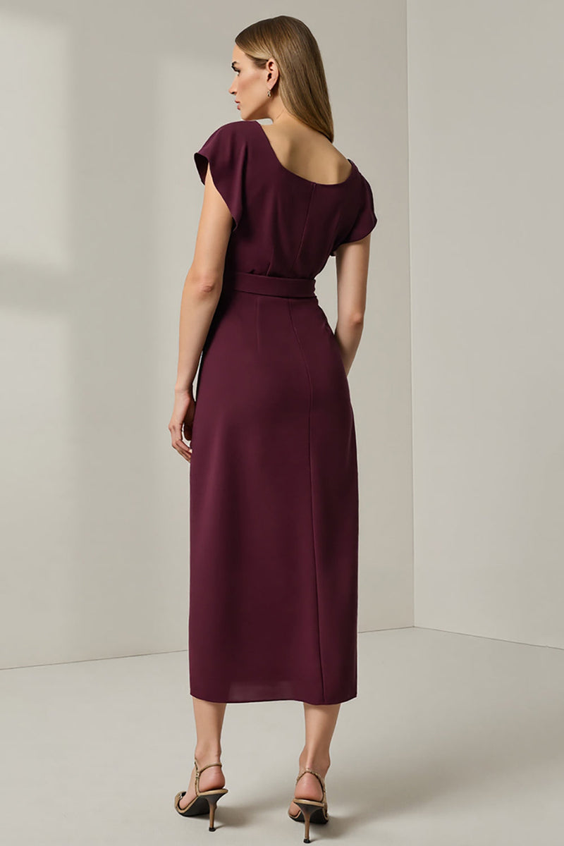 Load image into Gallery viewer, Round Neck Dark Red Pencil Long Work Dress with Sleeves