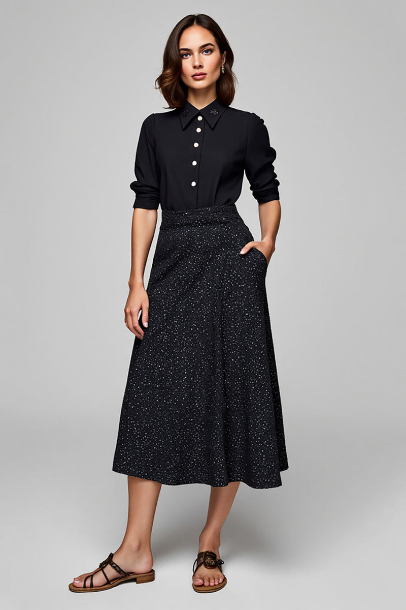 Load image into Gallery viewer, Sparkly Collar Neck Black 2 Piece Blouses and Skirt with Pockets