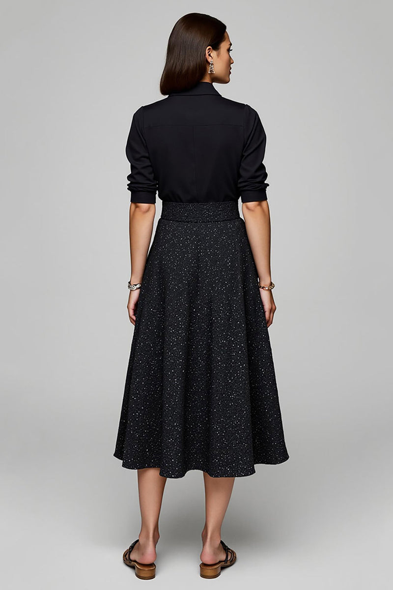 Load image into Gallery viewer, Sparkly Collar Neck Black 2 Piece Blouses and Skirt with Pockets