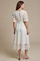 Load image into Gallery viewer, A Line Midi White Boat Neck Lace Engagement Dress with Sleeves