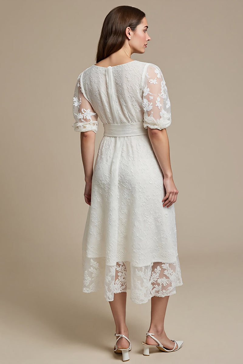 Load image into Gallery viewer, A Line Midi White Boat Neck Lace Engagement Dress with Sleeves