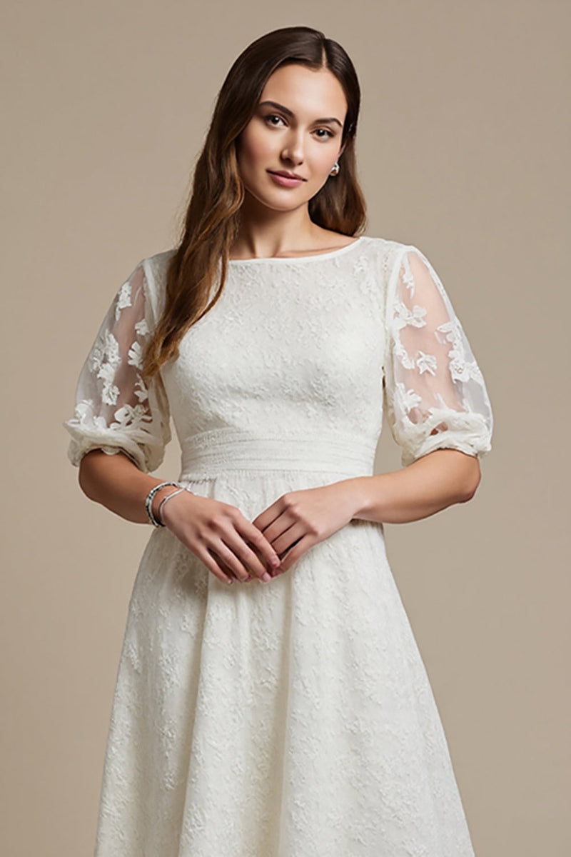 Load image into Gallery viewer, A Line Midi White Boat Neck Lace Engagement Dress with Sleeves