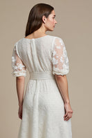 Load image into Gallery viewer, A Line Midi White Boat Neck Lace Engagement Dress with Sleeves