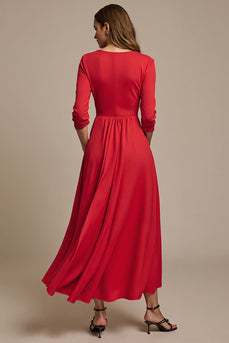 A Line Red Boat Neck Long Work Dress with 3D Flowers