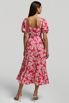 Red A Line V-Neck Long Floral Work Dress with Sleeves