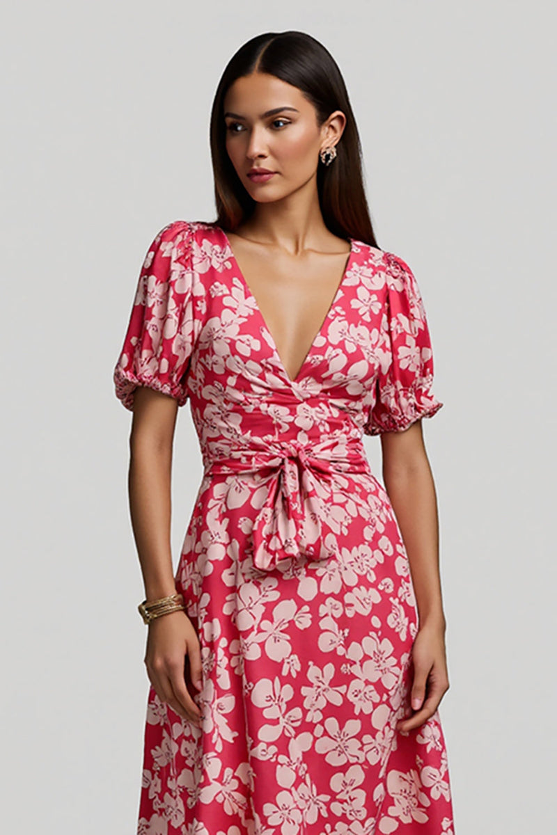 Load image into Gallery viewer, Red A Line V-Neck Long Floral Work Dress with Sleeves