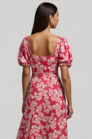 Load image into Gallery viewer, Red A Line V-Neck Long Floral Work Dress with Sleeves