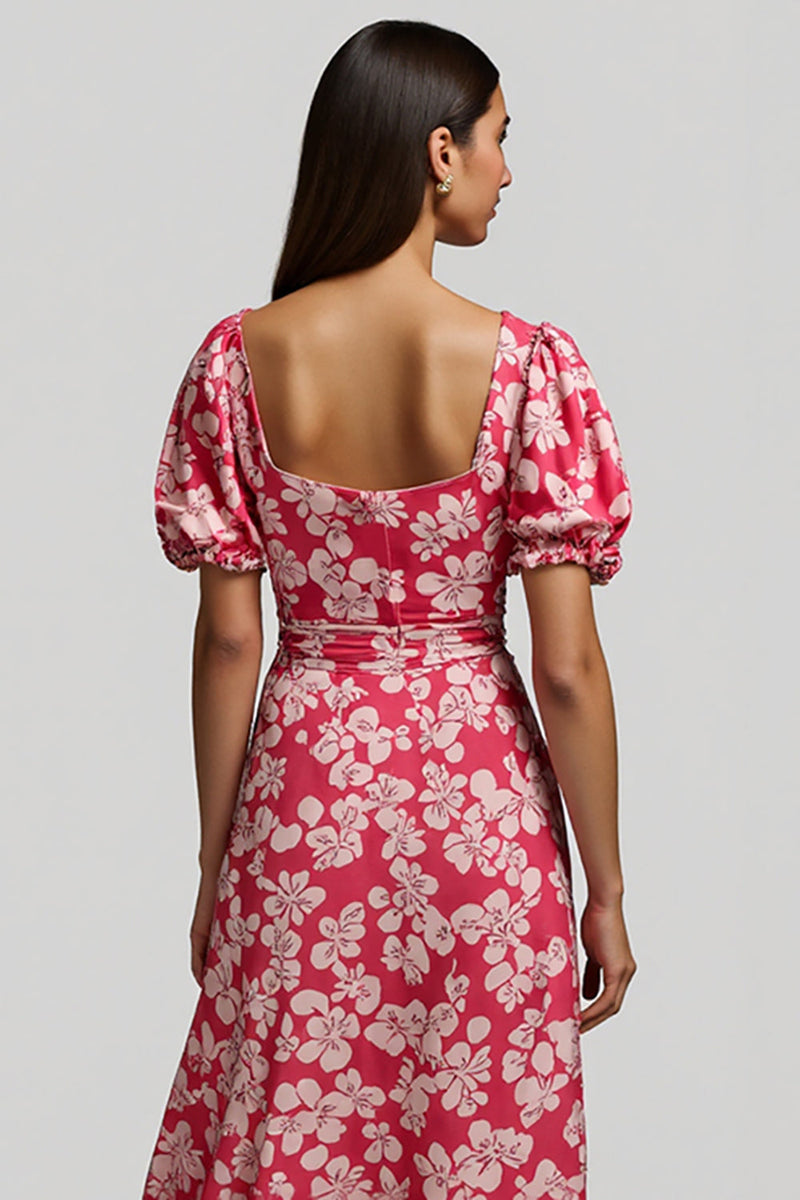 Load image into Gallery viewer, Red A Line V-Neck Long Floral Work Dress with Sleeves