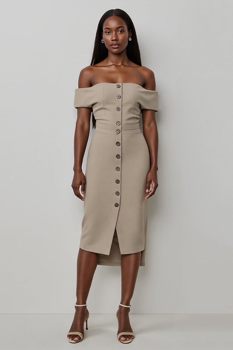 Load image into Gallery viewer, Off the Shoulder Khaki Satin Bodycon Midi Work Dress with Buttons