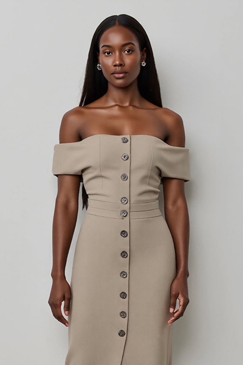 Load image into Gallery viewer, Off the Shoulder Khaki Satin Bodycon Midi Work Dress with Buttons