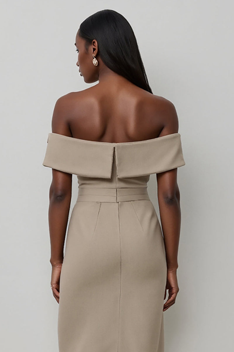 Load image into Gallery viewer, Off the Shoulder Khaki Satin Bodycon Midi Work Dress with Buttons