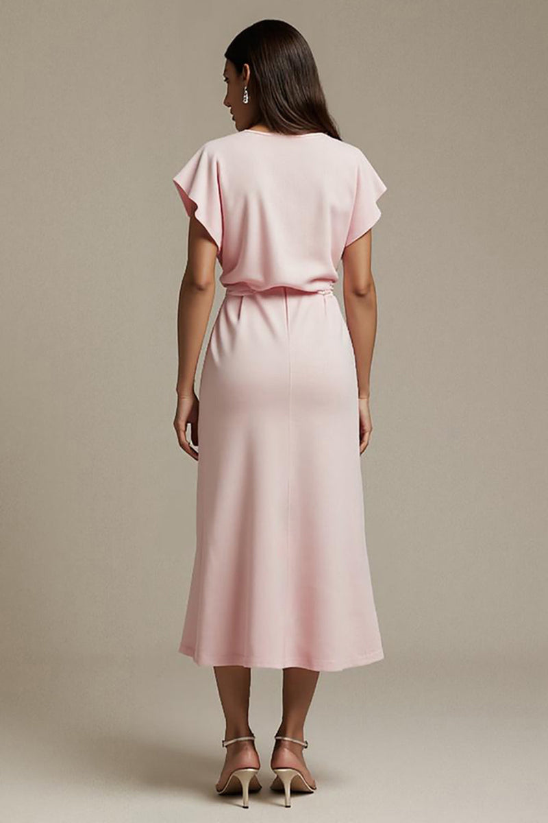 Load image into Gallery viewer, Boat Neck Pink Satin Ruched Maxi Work Dress with Sleeves