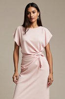Load image into Gallery viewer, Boat Neck Pink Satin Ruched Maxi Work Dress with Sleeves