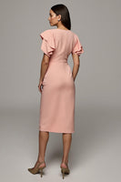 Load image into Gallery viewer, Round Neck Orange Bodycon Midi Ruffled Work Dress with Slit