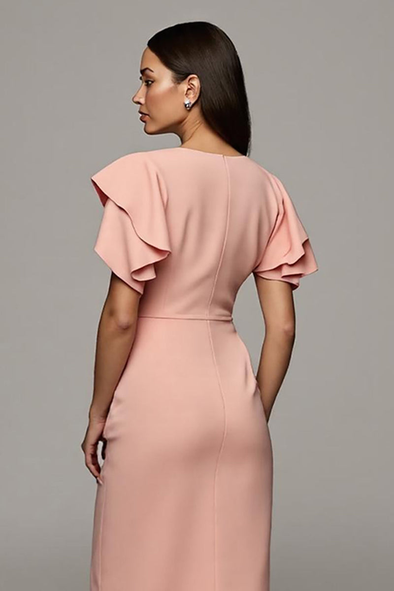 Load image into Gallery viewer, Round Neck Orange Bodycon Midi Ruffled Work Dress with Slit