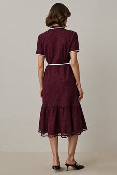 Notched Lapel Burgundy Midi Work Dess with Sleeves