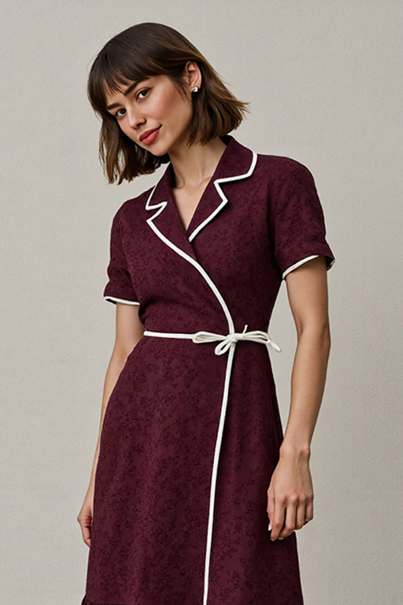 Load image into Gallery viewer, Notched Lapel Burgundy Midi Work Dess with Sleeves