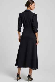 Navy A Line Notched Lapel Long Blazer Dress with Sleeves